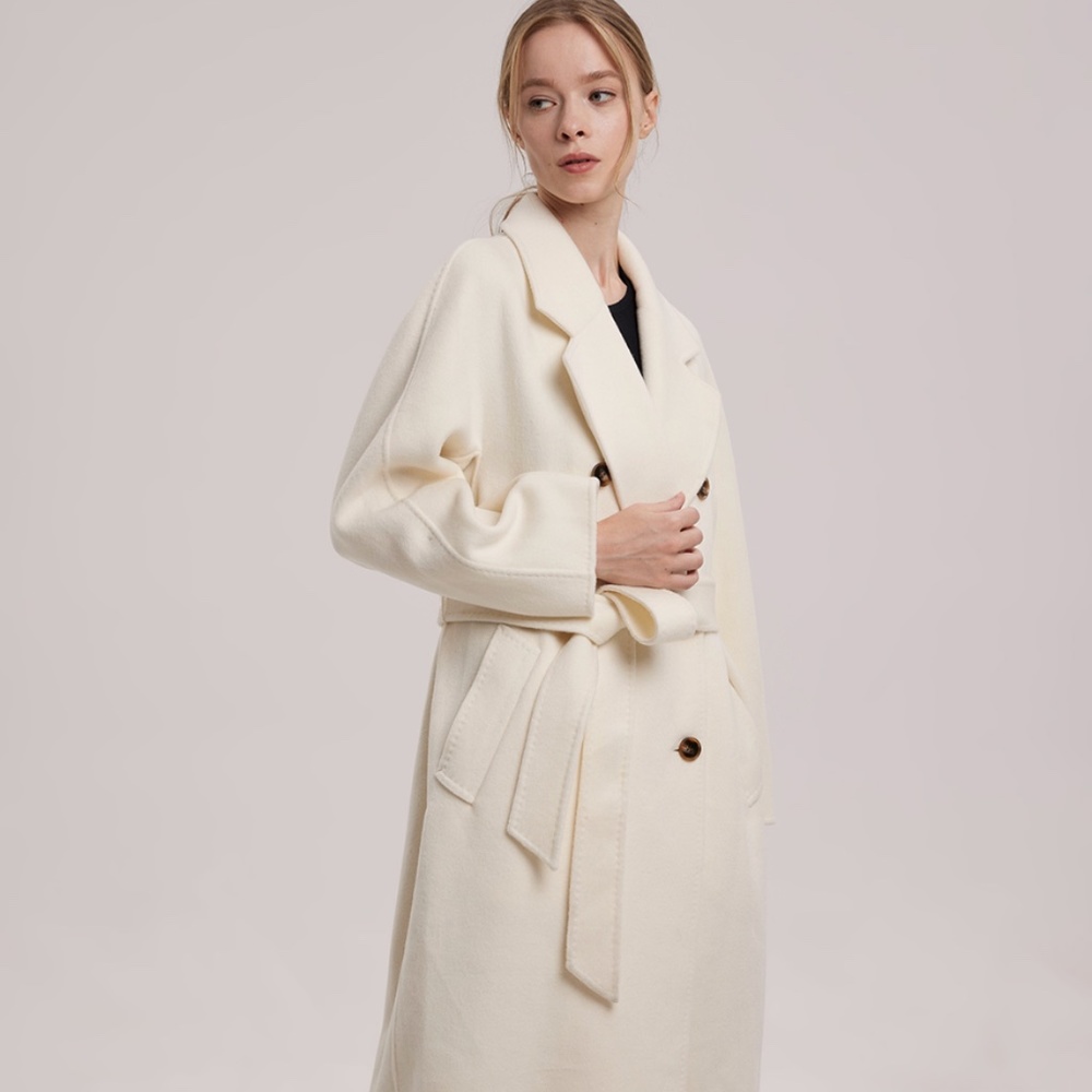 Hailey Double Face Tie Waist Wool Coat - Ivory, S